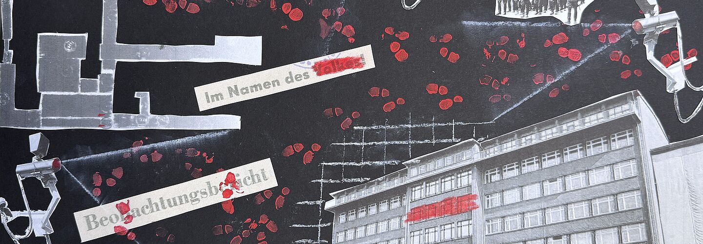 Graue Bildausschnitte zum Thema Stasi auf schwarzem Hintergrund. Rote Fußspuren durchlaufen das Bild.