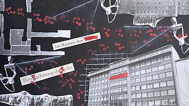 Graue Bildausschnitte zum Thema Stasi auf schwarzem Hintergrund. Rote Fußspuren durchlaufen das Bild.