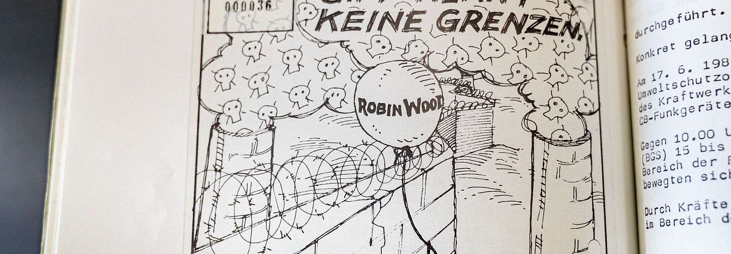 Robin Wood für Beispielaktentalk - Witzel Ein Blick in eine aufgeschlagene Akte. Links ist ein eingeklebtes Flugblatt der Umweltgruppe 'Robin Wood' zu sehen. Darauf sieht man zwei Schornsteine links und rechts einer Mauer mit Stacheldraht. Im Rauch der Schornsteine sind Totenköpfe zu sehen. In der Mitte fliegt ein Luftballon mit der Aufschrift „Robin Wood“