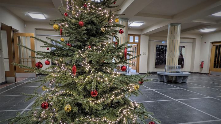 Das Bild zeigt einen Weihnachtsbaum im Foyer der Ausstellung 'Einblick ins Geheime'
